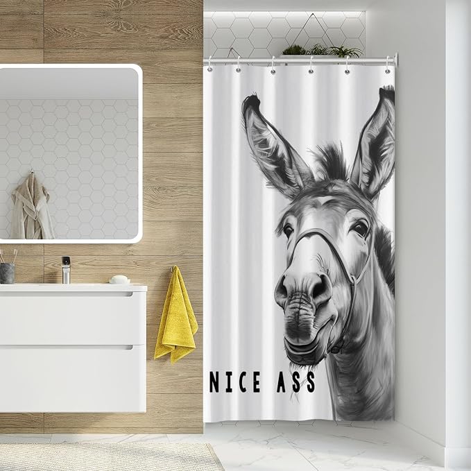 Funny Donkey Shower Curtains Joke Hilarious Animal Bathroom Curtain Rustic Farmhouse Cute Donkey White Shower Curtain Sets for Bathroom Extra Long 54x72 in with 10 Hooks
