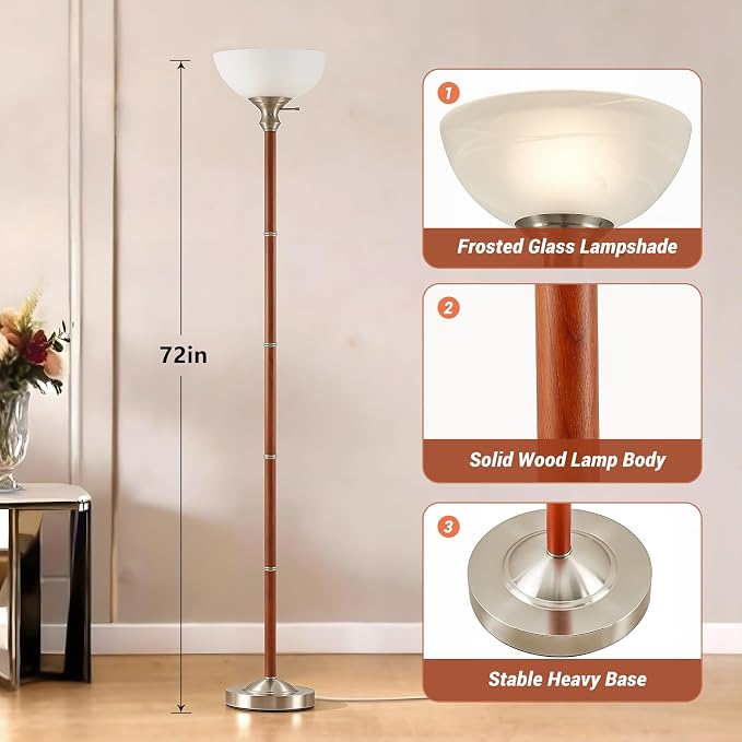 EJIAXIN Wood Floor Lamp for Living Room - Brushed Nikel Torchiere Floor Lamps for Bedroom Standing Lamp with Glass Shade - Mid Century Modern Corner Tall Lamps for Home Office Nursery Reading Light