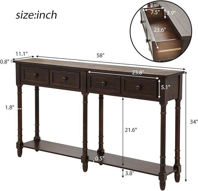 Merax Retro Console Table Sofa Table for Entryway with Drawers and Shelf Living Room Table (Espresso)