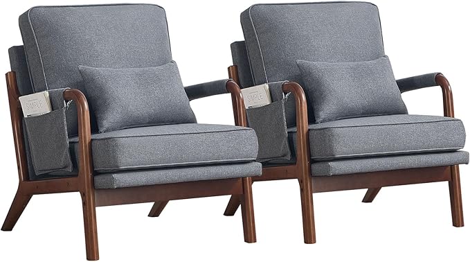 ANJ Mid Century Modern Accent Chair Set of 2, Lounge Reading Armchair with Extra Side Pocket & Detachable Cushion, Comfy Fabric Accent Chairs for Living Room, Bedroom, Grey