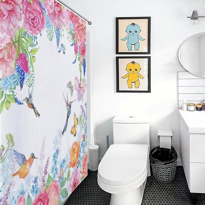 Hummingbird Butterfly Floral Shower Curtain, Spring Watercolor Flowers Blossom Floral Plant Nature Waterproof Shower Curtains for Bathroom Decor 12 Pack Hooks 66x72in（168x183cm）