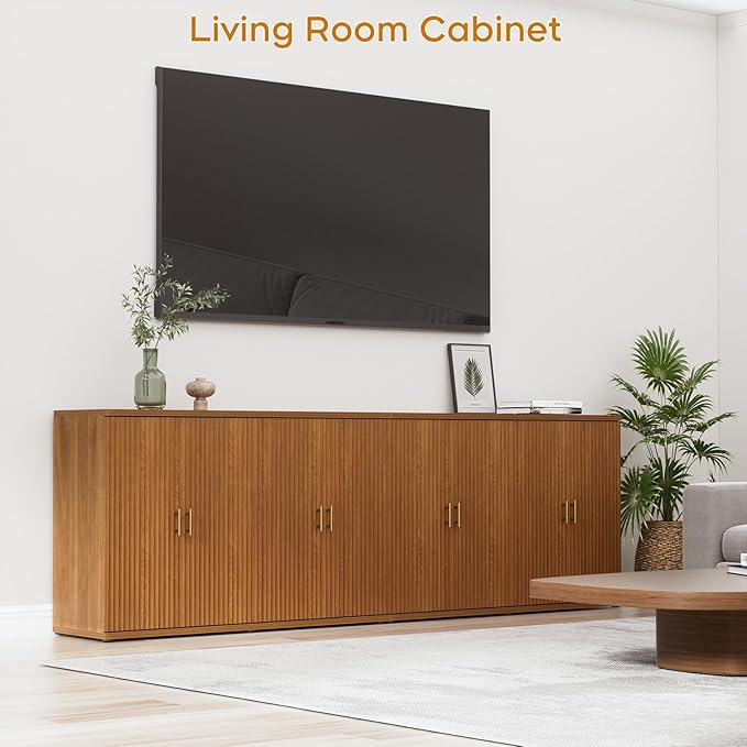 Yechen 94.6" Walnut Fluted Sideboard Buffet Cabinet with Storage and 8 Doors, Mordern Credenza Storage Cabinet with Adjustable Shelves, Media Console Table, for Living Room Dinning Kitchen(2 PCS)