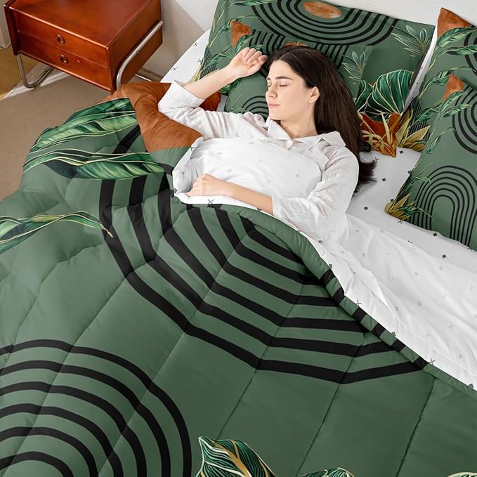 Erosebridal Mid Century Green Full Comforter Set with Sheets 7 Piece Boho Minimalist Aesthetic Bed in A Bag Modern Plant Botanical Palm Leaf Bedding Sets Abstract Retro Geometric Neutral Bed Set