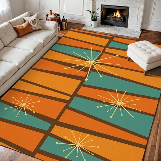 8x10 Area Rugs for Bedroom Boho Washable Rug for Living Room 50s Mid Century Modern Vintage Retro 1950s Mod Fifties Carpet for Dining Room Soft Rubber Backed Non-Slip Carpets for Bedroom Office