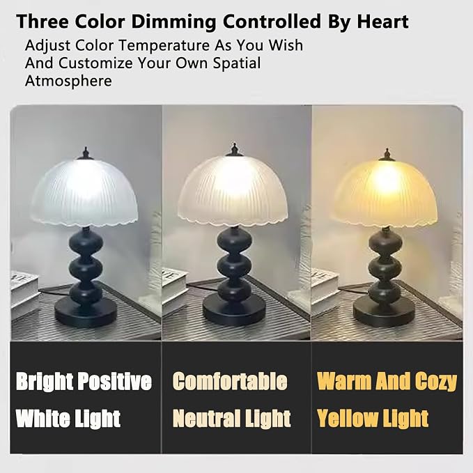 14" Metal Desk Lamp Vintage Frosted Glass Table Lamp,Mid Century Black Glass Flower Table Lamp with 3 Color Temps,for Bedroom, Study, Living Room