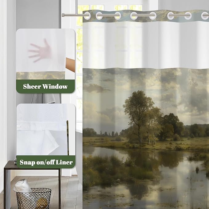 No Hook Shower Curtain with Snap in Liner, Rustic Countryside Landscape Lake Print - Mesh Top Waterproof Bath Tub Curtain Set for Farmhouse Cottage Nature Bathroom Decor, 71W x 74H