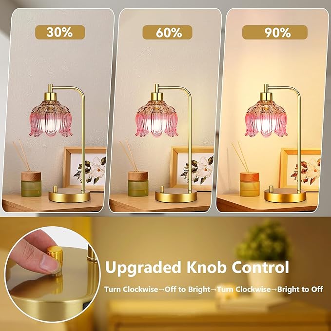 Pink Table Lamp Set of 2,Small Gold Bedside Lamps Dimmable Boho Bedroom Lamp with Tulip Flower Glass Lamp Shade,Vintage Mid Century Modern Mini Nightstand Lamp for Bedroom Living Room