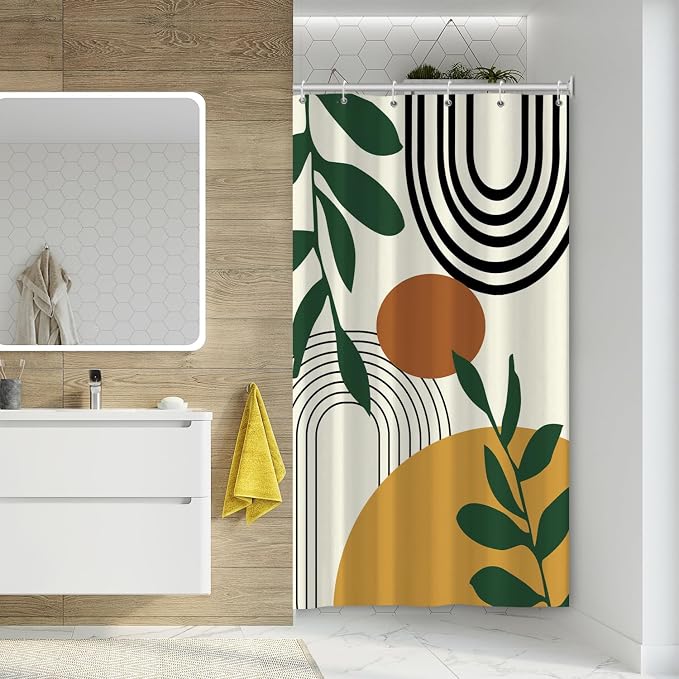 Boho Geometric Shower Curtain Beige Mid Century Abstract Arch Curve Bathroom Curtain Minimalistic Sun Shower Curtain Sets for Bathroom Extra Long 54x72 in with 10 Hooks