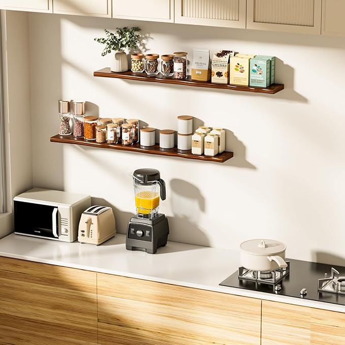 Floating Shelves for Wall Rustic Farmhouse 55 Inch Floating Shelf Bathroom Wooden Shelves for Wall Mounted Live Edge Pine Shelf with Unique Natural Grain for Living Room Bedroom Kitchen (Walnut)
