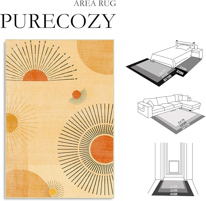 9x12 Large Area Rug for Living Room Sun Rug Mid Century Modern Rugs Machine Washable Boho Geometric Rug Non Slip Printed Low Pile Indoor Floor Carpet for Dining Room Bedroom Office,Yellow