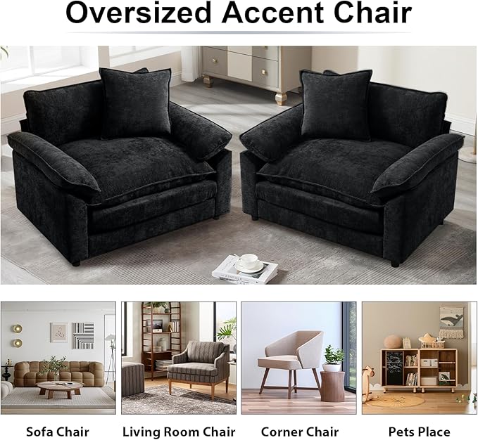 Modern Oversized Chair Set of 2, Comfy Chenille Accent Chair Large Upholstered Armchair with Extra Thick and Deep Seat Lounge Chair for Living Room,Bedroom,Apartment (Black)