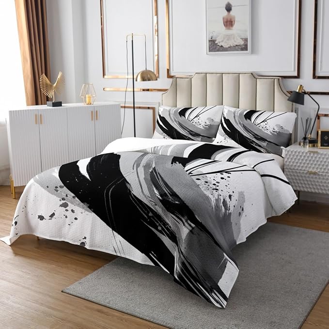 Erosebridal Black and Grey Quilt Set Queen - Geometric Decorative Abstract Coverlet Set Modern Striped Bed Set for Boys Adults Girls Minimalists Graffiti Aesthetic Lines Bedspread Sets