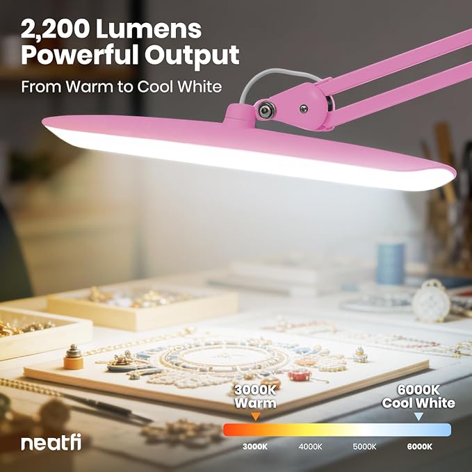Neatfi XL Nail Desk Lamp with Clamp, 2200 Lumens, 20-Inch Wide Head, Dimmable 4 Levels, 3 Color Modes 3000K–6000K, LED Task Light for Manicure Table, Crafts, Workbench, Office (CCT, Pink)