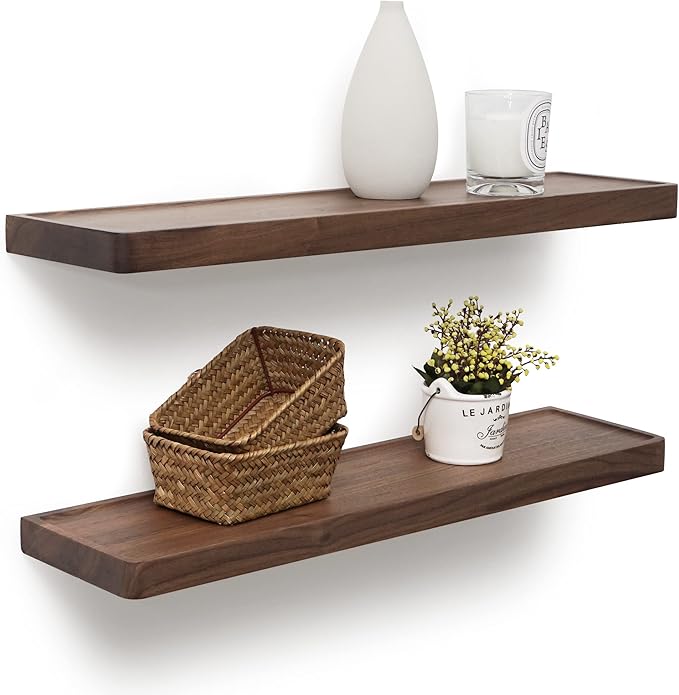 Axeman Walnut Floating Shelves for Wall 24 Inch | 24W x 6D Solid Walnut Wood Shelves Set of 2 | Natural Wooden Shelves for Living Room Bedroom Kitchen