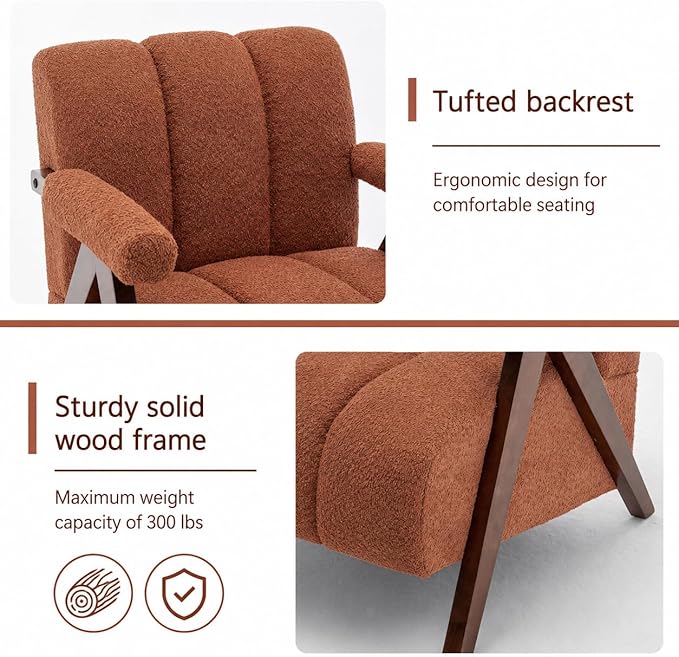 Mid Century Modern Accent Chair with Solid Oak Wood Frame, Upholstered Chenille Lounge Chair with Ergonomic Backrest and Thick Cushion for Living Room Bedroom Balcony, Set of 2, Rust Red