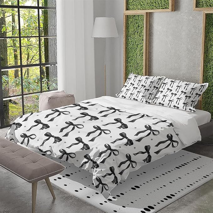 Trendy Y2k Black Bows Duvet Cover Full King Size Black White Bowknot Bed Quilt Cover Kids Girls Lady Women Soft Bedding Set for Teens Funky Preppy Girly Coquette Bedroom Dorm Decor 104"x88"
