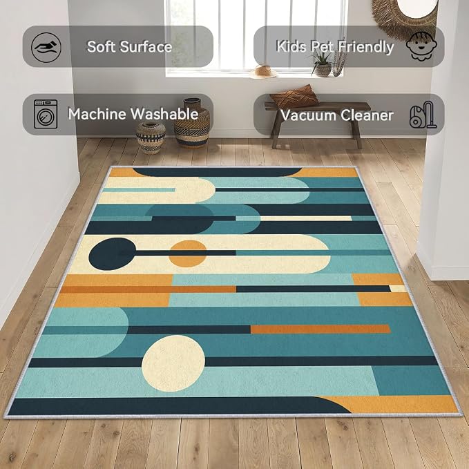 Mid Century Rug 8x12, Washable Modern Geometric Rugs for Living Room Bedroom, Abstract Mid-Century Area Rug for Home Decor, Non Slip Backing Floor Carpet - 8 x 12 ft