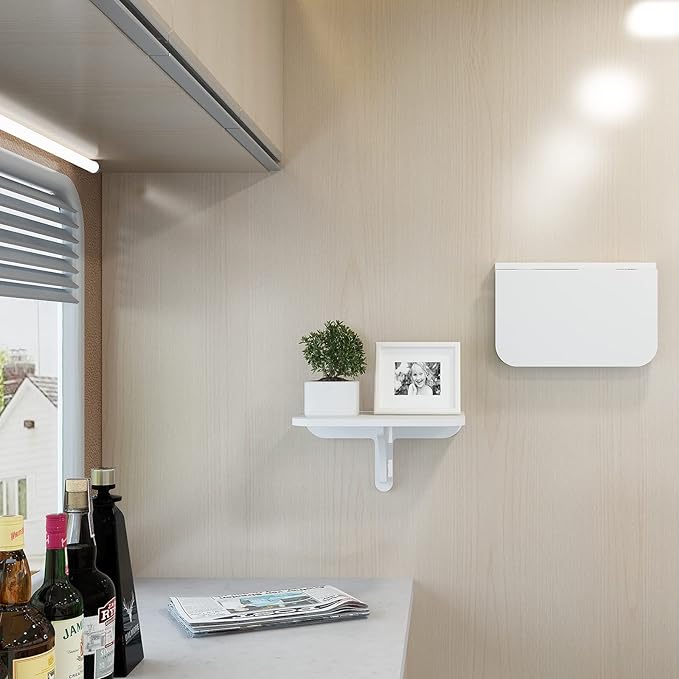 WELLAND 11.8" x 8.25" White Wall Mounted Desk Small Floating Shelves Set of 2 Folding Wall Shelves Drop-Leaf Table Fold Down Desk for RV, Camper, Loft Beds