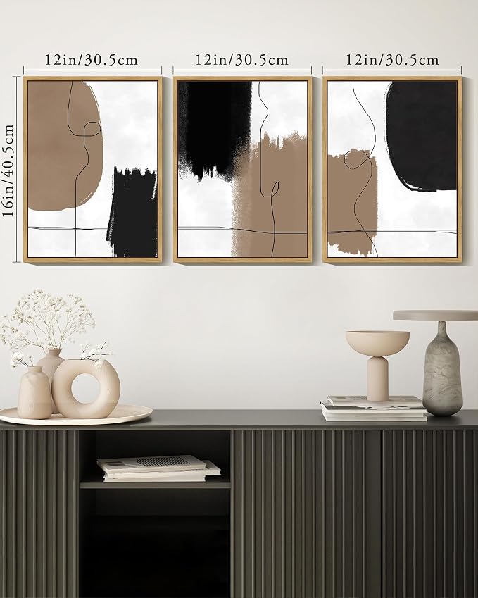 KUVIOKE Neutral Abstract Framed Wall Art Beige Mid Century Textured Wall Decor Minimalist Line Modern Illustrations Art Print Home Decor 12x16in (Natural Framed)