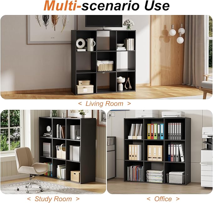Sweetcrispy 9 Cube Storage Organizer - Open Cube Bookshelf with 5 Removable Back Panels, Display Storage Bookcase for Living Room, Bedroom, Entrance Hall, Home Office，36" Lx11.6 Wx36 H, Black