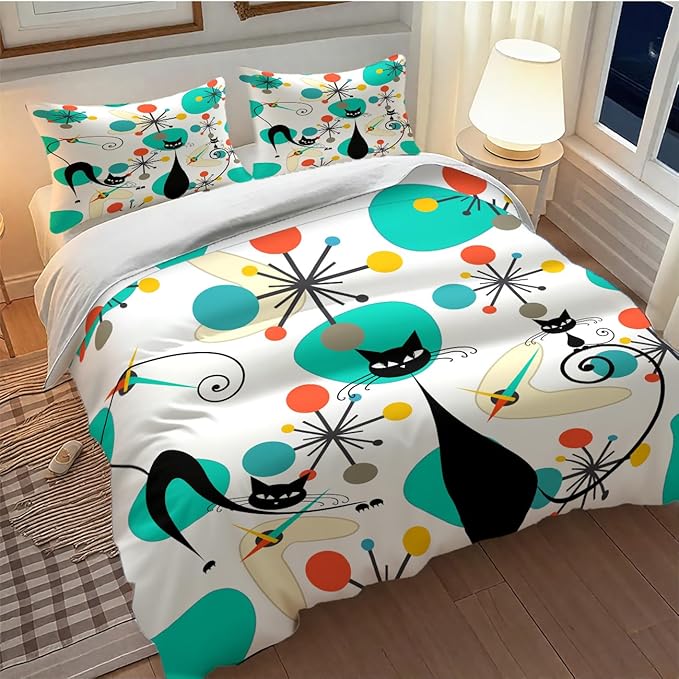 Mid Century Cat Bedding Set,Retro Black Cat Atomic Diamond Star Abstract Geometric Minimalist Simple Modern Comforter Set with Pillowcase for Bedroom Bed Decor,King 102"x90"