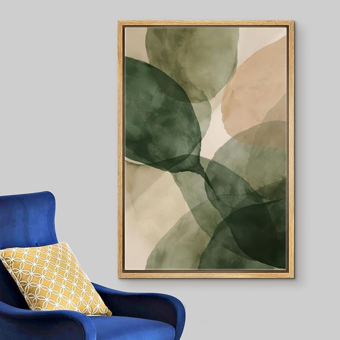 Woodrose Framed Canvas Print Wall Art Abstract Organic Shapes Soft Green and Beige Watercolor Illustrations Modern Art Minimalist 3D Colorful Ultra for Living Room, Bedroom, Office - 24"x36" NATURAL