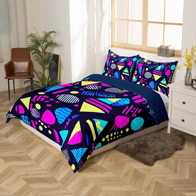 Erosebridal 1980s Comforter Cover Set Twin Size,80s 90s Duvet Cover 80s Geometric Bedding Set Memphis Decor 80 Styles for Women 80s Geometric Shapes Backdrop 90s Themed Party Decorations