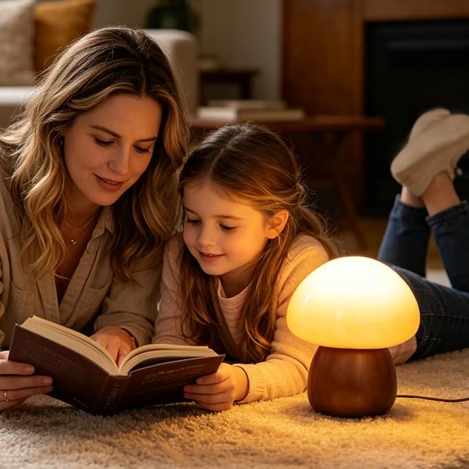 Wooden Base Small Table Lamp for Bedroom 60W Mushroom Table Lamps Gradient Colored Glass Shade Modern Side Table and Desk Lighting H 8.07 in (The Light Bulb is Included)
