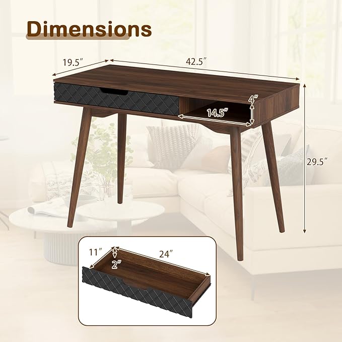 Giantex Mid Century Modern Desk, 42.5" Vintage Computer Desk with Storage Drawer & Rubber Wood Legs, Makeup Vanity Table, Wood Computer Workstation, Small Writing Desk for Bedroom, Small Space, Walnut
