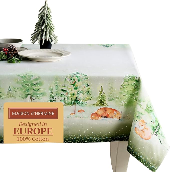 Maison d' Hermine Table Cloth Rectangle Table 100% Cotton 60 x 90 Inches Fall Tablecloth Reusable Everyday Use for Thanksgiving Christmas Decorations Dining Farmhouse Party (Winter Mornings)