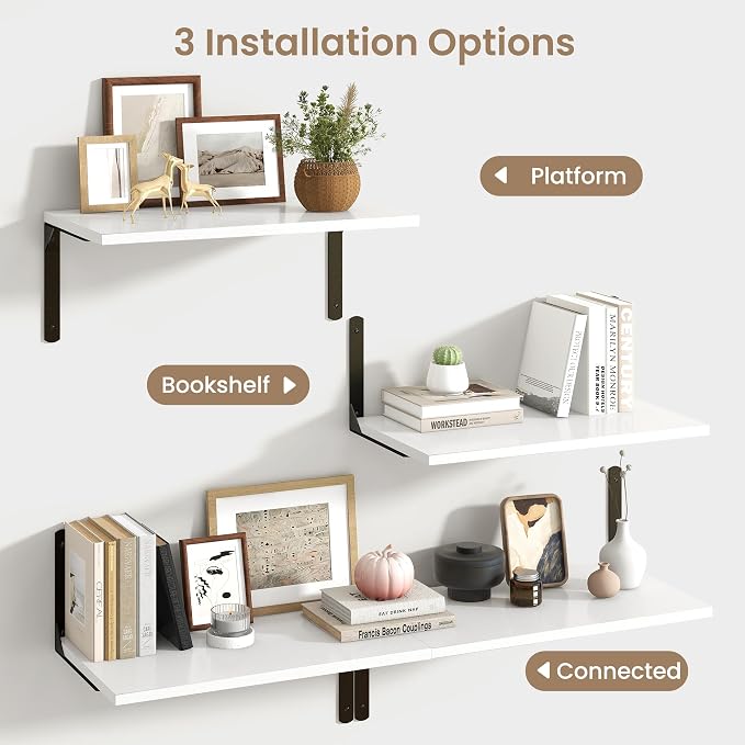 Fun Memories Floating Shelves for Wall, 12 Inch Deep Floating Shelves Set of 2, Wall Mounted Shelf with Metal Brackets, Rustic Wood Wide Shelf for Bathroom, Kitchen and Living Room, White, 24W x 12D