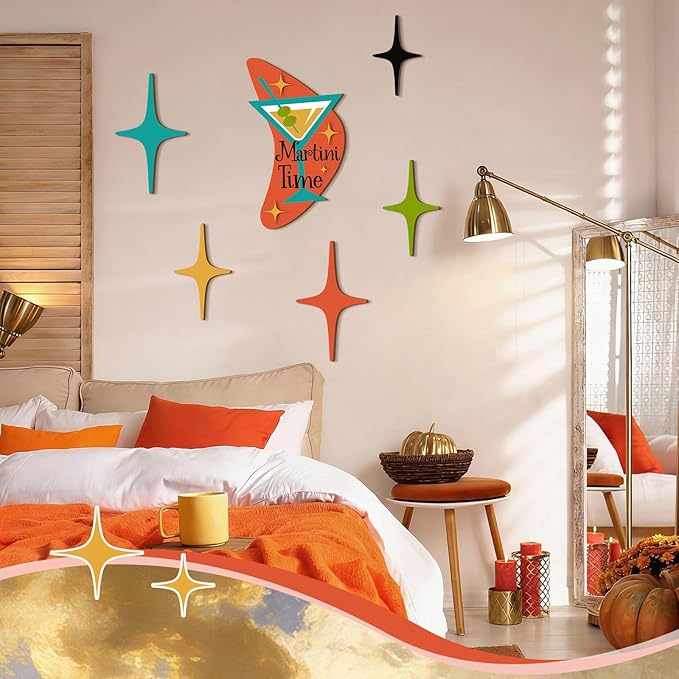 Amyhill 6 Pcs Mid Century Modern Decor Martini Time Mcm Decor Retro Atomic Star Wall Art Sculpture, Wooden Colorful Star Wall Art Elegance Accents for Home Bar Office Room Hanging Decorations