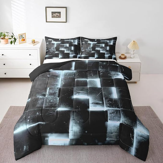 Black Greyish White Abstract Comforter Twin Gradient Square Twin Bedding Set Grid Down Comforter Neon Checkered Bed Set Glowing Plaid Quilted Duvet Modern Room Decor 2pcs (Black Reversible)