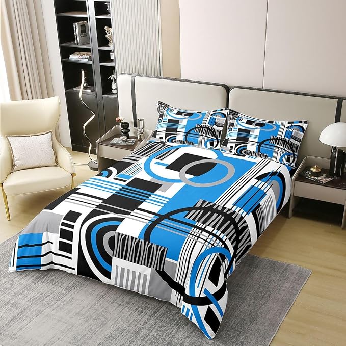 Erosebridal Art Deco Mid Century Duvet Cover Set Retro Modern Abstract Geometric 100% Cotton Comforter Cover Black and White Blue Circles Stripes Twin Bedding Sets for Girls, Contemporary Bed Set