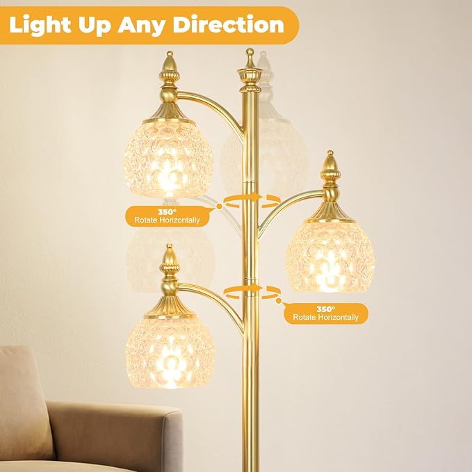 Gold Flower Floor Lamp, Dimmable Tree Floor Lamps for Living Room Brass Tall Standing Lamp with 3 Brightness Lights Glass Shades 66.5'' Modern Corner Lamp for Bedroom Office(3LED Bulbs Included)