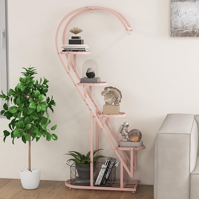 Giantex 5 Tier Metal Plant Stand Indoor, Creative Heart-shaped Ladder Plant Shelf with Hanging Hook for Multiple Plants, Tiered Flower Display Shelf, Tall Plant Stand for Valentine's Day Home Holiday