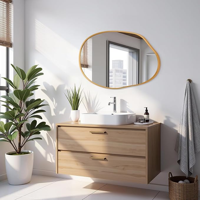 Gold Irregular Wall Mirror Aluminum Alloy Frame Asymmetrical Bathroom Mirrors Brushed Metal Vanity Wall Mounted Mirror for LivingRoom Bedroom Entryway Room Home Decor Large 22"x30"