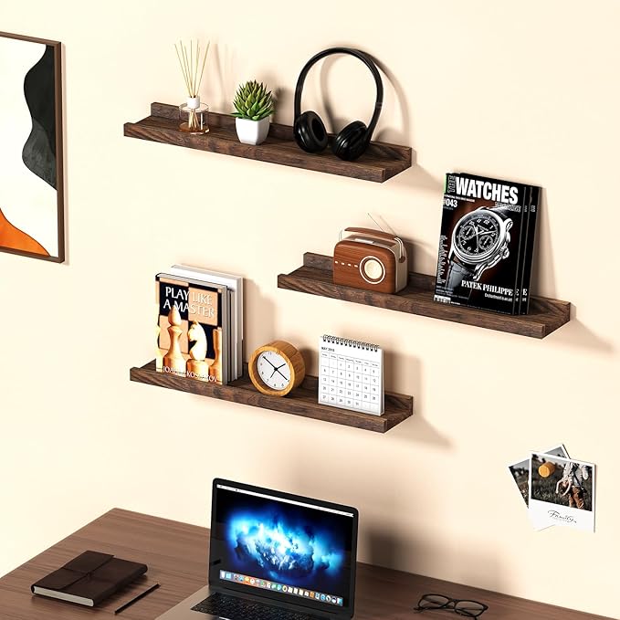 Floating Shelves for Wall, Solid Pine Wood Floating Shelf with Lip for Bedroom, Living Room, Kitchen, 16 Inch Wall Mounted Storage Shelves for Room Decor Organizers Set of 4 (Walnut, 4Pack 16inch)