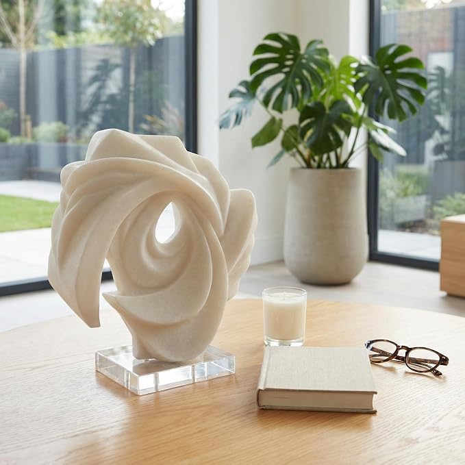 Abstract Swirl Sculpture Home Decor Figurine Ornament - Resin Accent Statue on Acrylic Base for Shelf or Coffee Table Decor - Decorative Display for Living Room, Bathroom, Office or Room - 15”, White