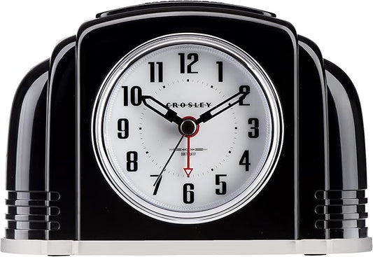 Crosley Vintage Art Deco Analog Alarm Clock, Quiet Ticking, Automatic Dimmable Smart Light, Simple Controls, (Black)