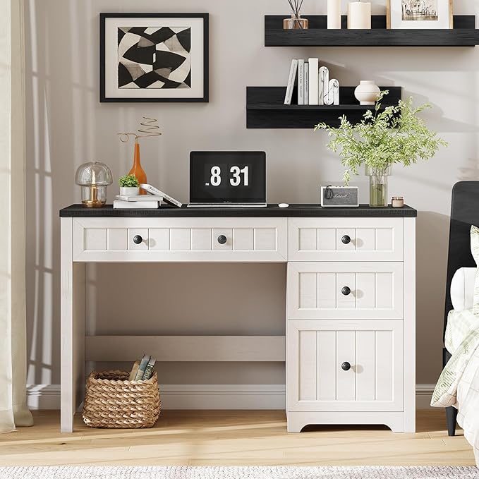 Vabches Farmhouse Executive Desk with 4 Drawers, Home Office Desk with File Drawer, Wood Computer Desk with Storage, Rustic Office Desk for Work Study Writing, Black White