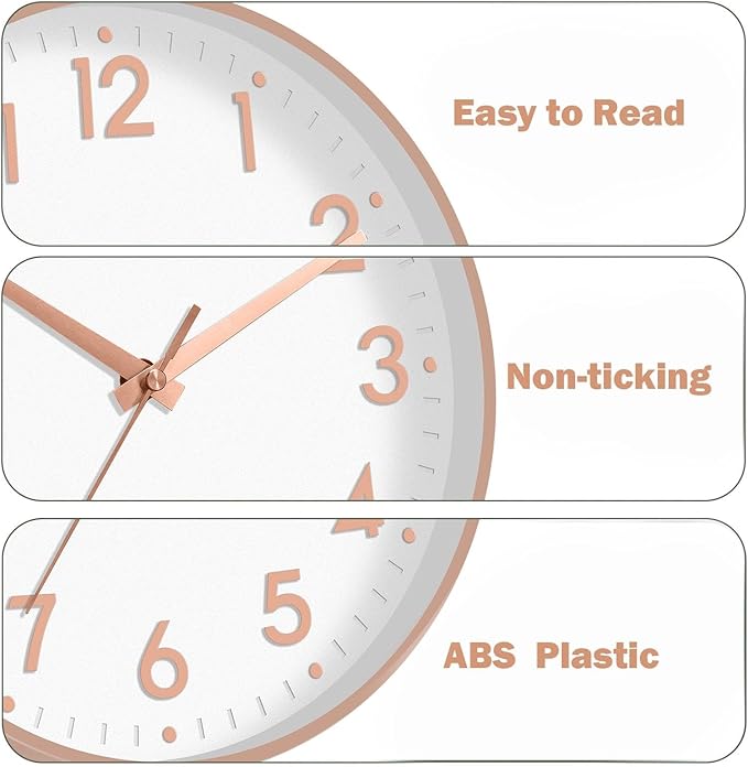 Mosewa Wall Clock 8 Inch, Battery Operated Silent Non-Ticking Modern Analog Clock Decorative for Kitchen, Bedroom, Office(Rose Gold)
