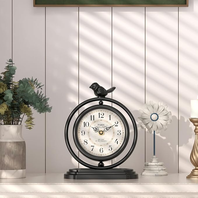 Black Vintage Table Clock with Bird, European Retro Style Mantel Clocks, Desk and Shelf Decor Clock, for Living Room, Farmhouse, Bedside, Bedroom, Gift (7.9" H x 6.3" W)
