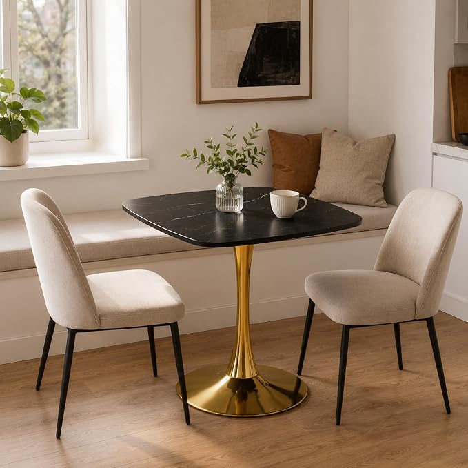 31.5" Square Dining Table for 2-4 People, Mid-Century Modern Kitchen Table with Black Marble-Look MDF Top and Gold Tulip Pedestal Base for Small Spaces, Apartment, Breakfast Nook