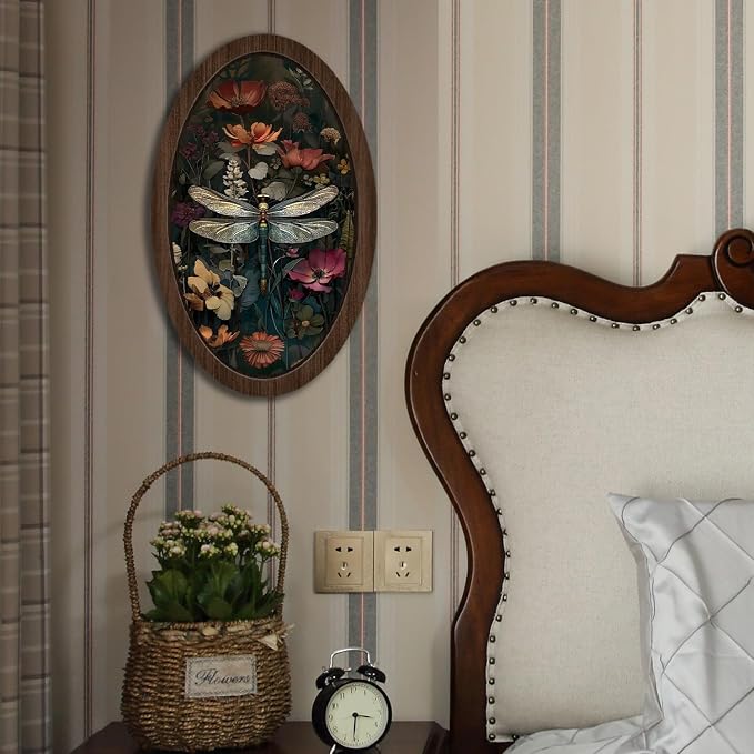 UYIKG Vintage Dragonfly Wall Art Decor,Dragonfly Floral William Morris Oval Wall Decor, Rustic Farmhouse Cottagecore Wooden Framed Wall Decorations for Theme Room Home Bedroom Living Room 9x14.6 in