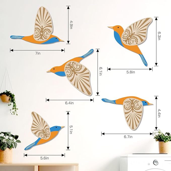 KOYILTD 5 Piece Bird Wood Wall Sculptures Wooden Wall Art Decor Scandinavian Home Decorations Flying Bird Wall Decor Farmhouse Wall Art for Home Living Room Bathroom Dining Room (Blue orange)