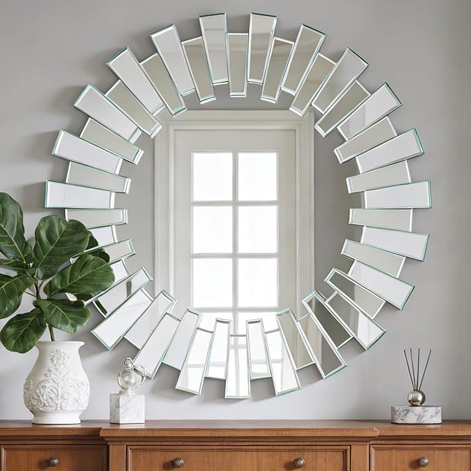 Round Decorative Mirror - 26" Sunburst Sun Mirrors for Wall Decor with Silver 3D Beveled Glass Frame, Modern Wall Art Accent for Living Room, Bedroom, Fireplace, Entryway