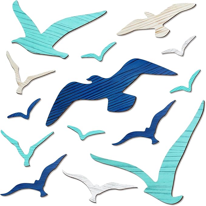 Meching 14Pcs Wooden Seagull Wall Decor, Nautical Coastal Theme Beach Wall Art, Self-Adhesive Sea Birds Ocean Sculpture Vintage Ornaments for Home Living Room Kitchen Bathroom Bedroom Office