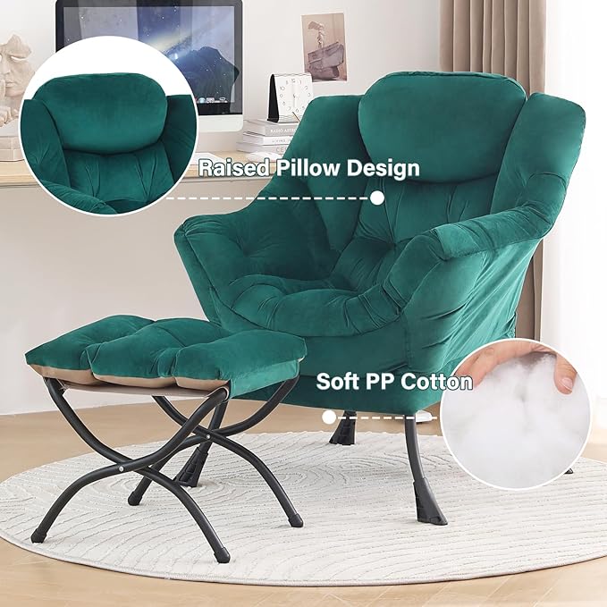 Tiita Lazy Chair with Ottoman, Green Modern Large Accent Chair, Comfy Leisure Sofa Armchair with Ottoman, Reading Chair with Footrest for Bedroom, Living Room, Dorm Rooms, Velvet Green