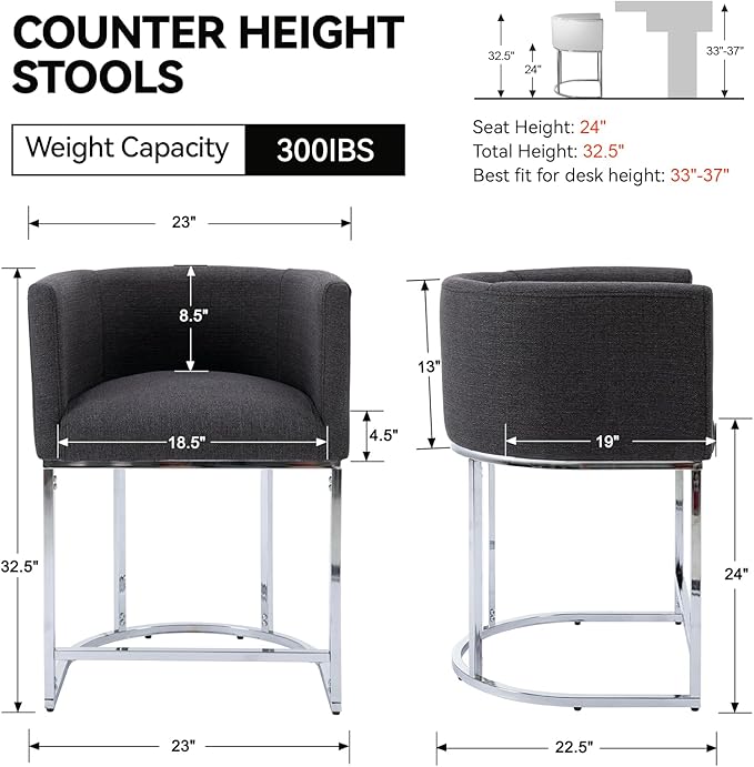 Contemporary Charcoal Linen Bar Stool, 24" Upholstered Fabric Counter Height Barstool Kitchen Counter Island Stool with Screwed Together Chrome Finish Base